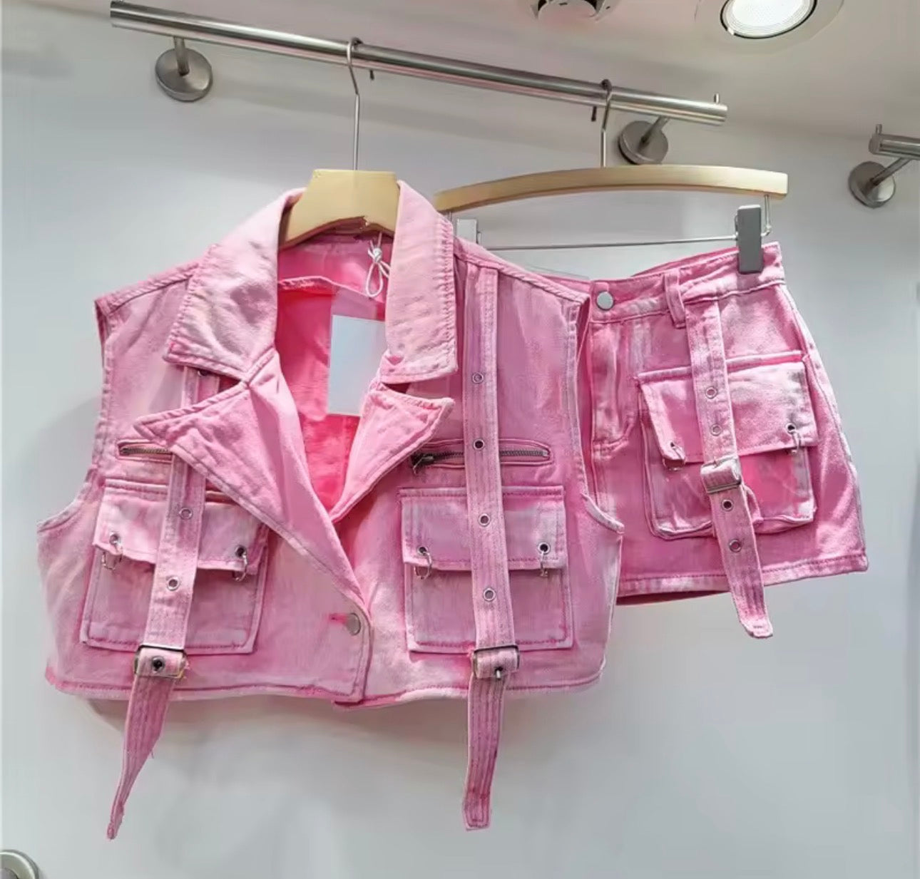 Two piece pink denim set ￼